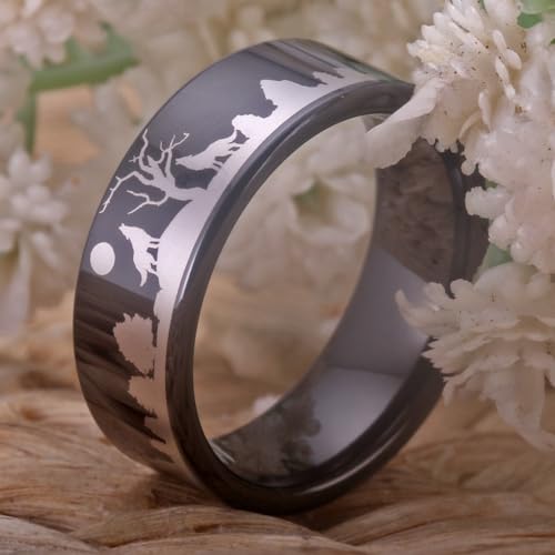 8MM Width Black Pipe Howling Wolves Ring Forest Landscap Ring Hunter Wolf Ring Tungsten Ring - Free Engraving Inside4