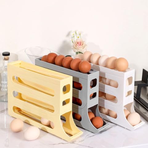 Image of Plastic Automatic Rolldown Refrigerator Rectangular 4 Tier Egg Rolling Dispenser, Holds Up To 30 Eggs, Holder For Fridge Storage - Grey (GRAY)