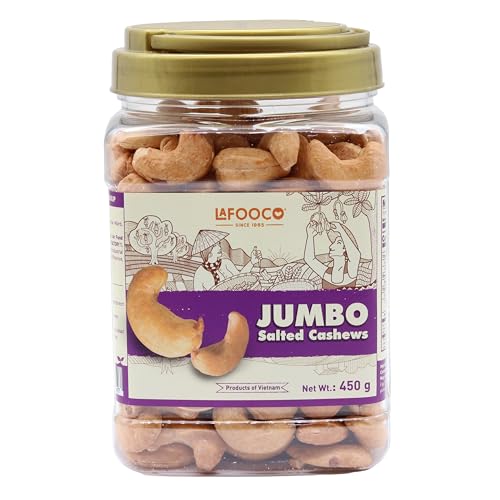 Image of LAFOOCO JUMBO Salted Cashews 15.87 oz, Dry Roasted Extra Large Nuts Jar | Giant size crispy roasted cashew kernels with sea salt. Halal & BRCGS certified premium Vietnamese nuts. Gift jar.
