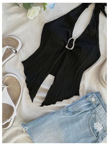 Milumia Women's Y2k V Neck Halter Top Tie Backless Slit Hem Buckle Tank Tops4