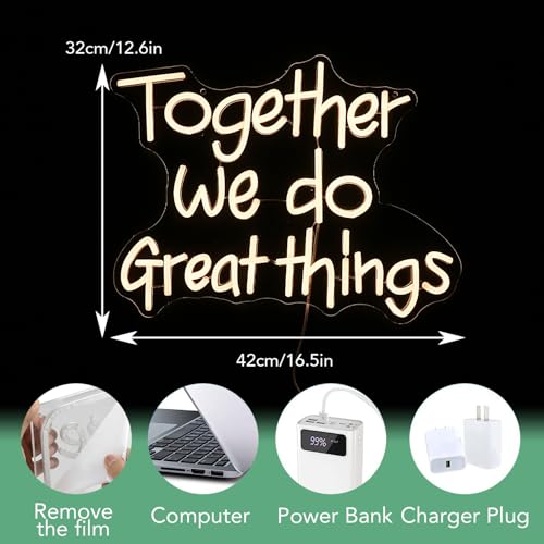 Image of Together We Do Great Things Neon Sign Dimmable Inspirational Neon Light Signs Wall Art Decor for School Home Office Positive Classroom Decor USB Neon Light 16.5 * 12.6 IN