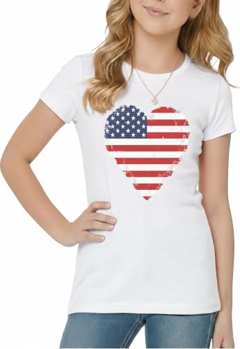 Image of Tstars Fitted Tee for Girls 4th of July Shirt | Patriotic American Cute Kids Heart Graphic Horse T-Shirt