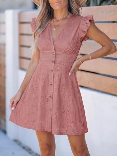 Image of CUPSHE Women's Striped Summer Dresses V Neck Casual Mini Dress Flutter Sleeve Ruffle Button Sundresses