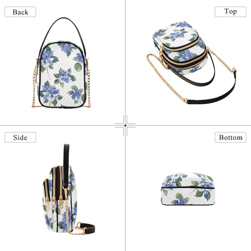 Chain Crossbody Bags for Women Watercolor Blue Hydrangeas Pattern Quilted Shoulder Handbags Travel Cross Body Cell Phone Purses Bags4