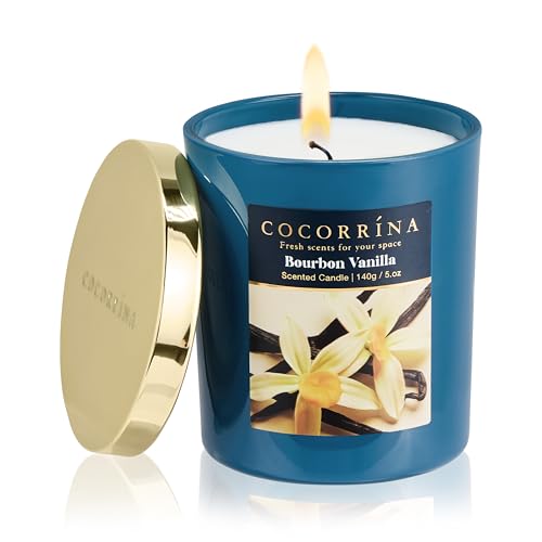 COCORRÍNA Duftkerze aus Sojawachs im Glas 140g, Bourbon Vanilla, 31 Stunden Brenndauer, Baumwoll-Docht, natürliche Aromakerze als Geschenk für Frauen & Männer, ideal für Weihnachten, Geburtstag