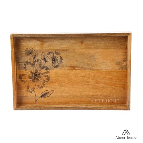 Image of Wooden Serving Tray - 16 x 10 Inches | Handpainted Floral Pattern with Raised Edges | Durable Mango Wood Breakfast Tray | Wooden Serveware Trays for Tea, Snacks & Sweets, Home & Dining