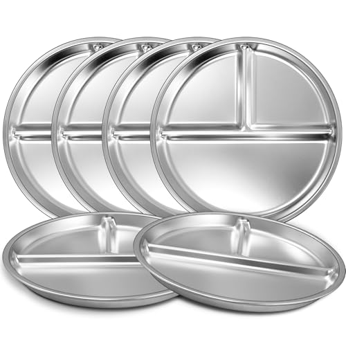 EWFEN Stainless Steel Toddler Plate Set of 6 9 Portion Control Plates Divided Plate for Adults Kids Balance Lunch Non Slip | Unbreakable Toddler Baby Feeding Set Dishwasher Safe