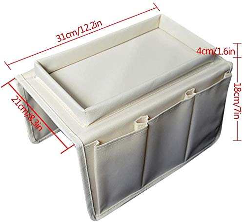 Sofa Armrest Organizer with Tray, Sofa Armrest Pocket Organizer Couch Chair Table Cabinet Storage Space Saver Bag Armchair Remote Control Holder Fits for Phone Pen Glasses Organize Gadget (Beige)