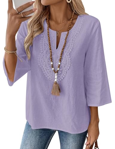 LOMON Womens Blouses Cotton Shirts 3/4 Length Sleeve Womens Tops Loose Summer Ladies Tops and Blouses Light Purple