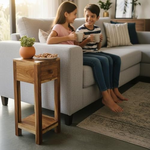 Image of Wood Bedside End Table | Side Table with A Drawer for Home Decor | Living Room | Single Table in Brown