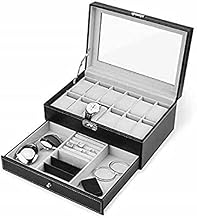 Kazenzo Watch Box Organizer 12 Slot 2 Layer Luxury Design Display Case Jewelry Display Drawer/Adjustable Tray Glass Top Black PU Leather