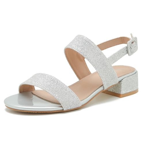 Enelauge Women's Open Toe Ankle Strap Low Block Chunky Heels Sandals Holiday Party Wedding Dress Pumps Shoes