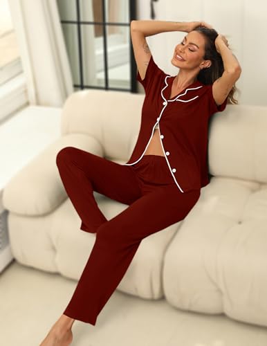 Image of HNG Women Pajamas Set 2 Piece Button Up Pajamas Pant and Short Sleeve Shirt for Woman Pj Sets with Pocket