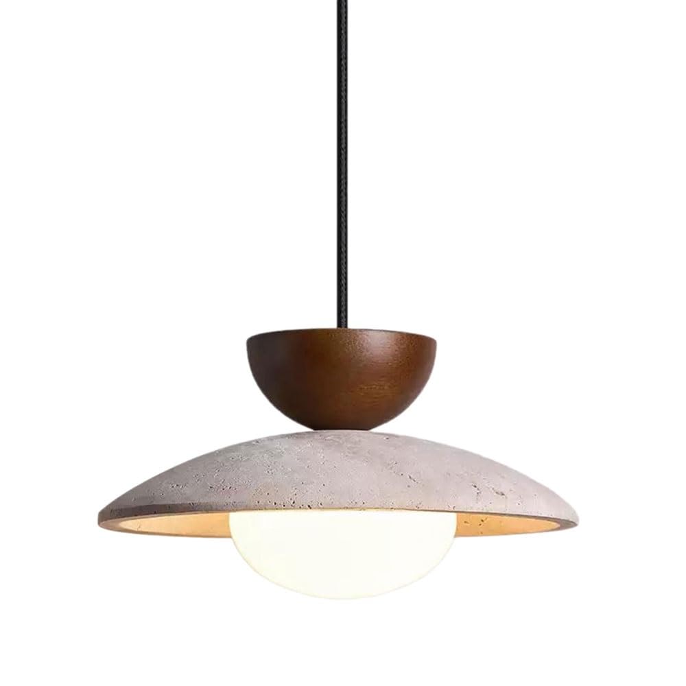 Klobvtt Natural Stone Pendant Light Fixture Wabi Sabi Travertine Wood Hanging Lamp with White Glass Shade, 9.8in Ceiling Pendant Lights for Kitchen Island, Bedroom, Dining Room(Walnut)