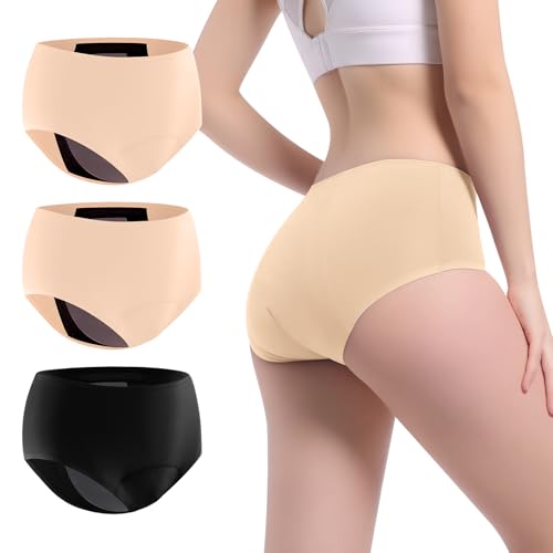 VOXSHE Incontinence Underwear for Women Washable Leak Proof for Women 5oz High Absorbent Womens Incontinence Panties for Bladder Leakage Protective Panties 3pk-S (Black/Beige/Beige)