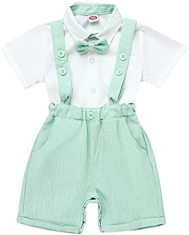 Baby Boys Formal Suit Gentleman Bowtie + Summer Short Sleeve T-Shirt Top+ Suspenders Shorts Button Bib Pants Wedding Tuxedo Outfits Birthday Cake Smash Christening Clothes 3pcs Set Green 0-6 Months
