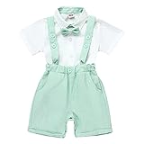 Baby Boys Formal Suit Gentleman Bowtie + Summer Short Sleeve T-Shirt Top+ Suspenders Shorts Button Bib Pants Wedding Tuxedo Outfits Birthday Cake Smash Christening Clothes 3pcs Set Green 12-18 Months