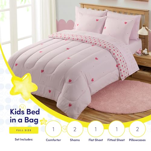 Image of Heart Comforter Set Full Size for Girls - Soft Pink Bed in a Bag with Sheets, Pillowcases & Shams - Cute Kids Bedding with Love Hearts Design - Cozy Microfiber for Child or Tween Bedroom Decor