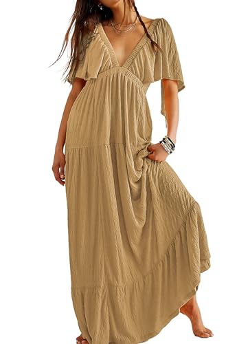 Image of Kikibell Women Summer Dresses Sexy V-Neck Maxi Dress Tiered Silhouette with Flutter Sleeve Backless Elastic Waist Flowy Dress