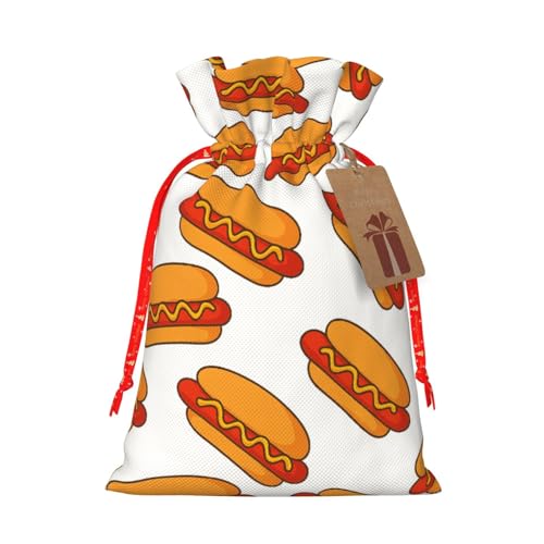Sac cadeau de Noël en lin avec cordon et étiquettes motif Tasty Hot Dog
