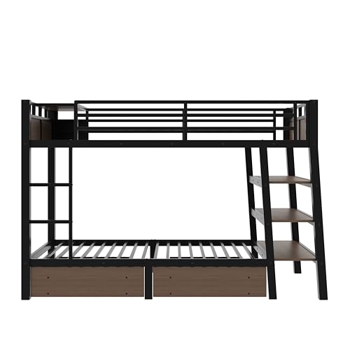 KEIKI Twin Bunk Bed with Storage Drawers & Shelves, Heavy Duty Metal Bed Frame Twin-Size, Space-Saving Beds Frames for Teens, Outlet USB Ports, Safety Guardrail & Ladder, No Box Spring Needed, Black