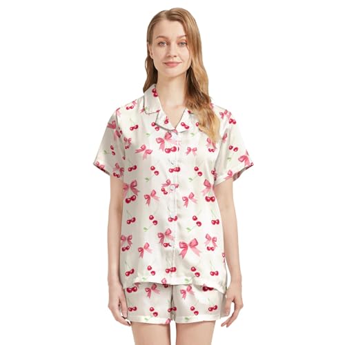 Image of Silk Satin Pajama Set for Women Summer Lounge Pjs Sets 2 Piece Suit Ladies Button Down Tops And Shorts Sleepwear