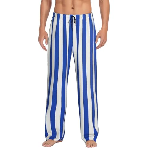 White Blue Stripes Pajama Pants Mens Lounge Sleep Pant Long Pajama Bottoms Drawstring Elastic with Pockets