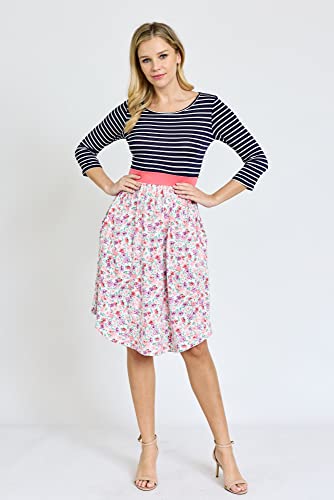 Image of Eloges Women's 3 /4 Sleeve Contrast Waist Band Floral Curved Hem Midi Dress