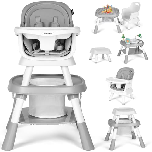 Image of Cowiewie Baby High Chair 16-in-1 Convertible Highchairs for Toddlers Table,Portable High Chair for Baby,Chair Set Building Block Table Highchair with Safety Harness, Removable Tray (Grey)