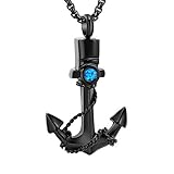 Anchor Urn Necklace for Ashes Cremation Jewelry Memorial Keepsake Pendant with Fire Blue Opal (Black Color with Blue Opal)