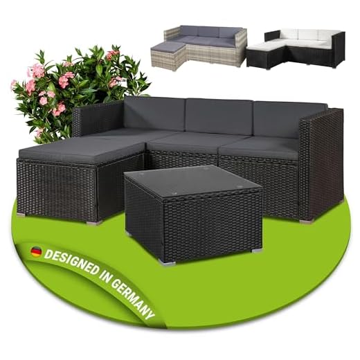 Juskys Polyrattan Lounge Punta Cana M für 3-4 Personen mit 3er Sofa, Sessel, Tisch & Kissen, Sitzgruppe für Garten, Terrasse und Balkon, Gartenmöbel Set wetterfest - schwarz/grau