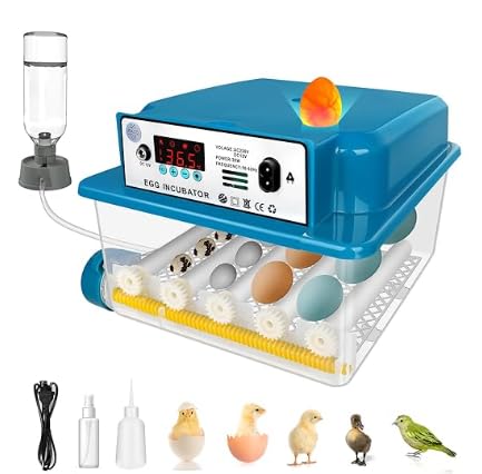 Brutautomat Vollautomatisch für 16 Eier mit Temperaturregelung automatischem Wenden, Inkubator Hühner mit verstellbaren Walzen und automatischer Wasserzugabe, Brutmaschine LED Eierleuchte