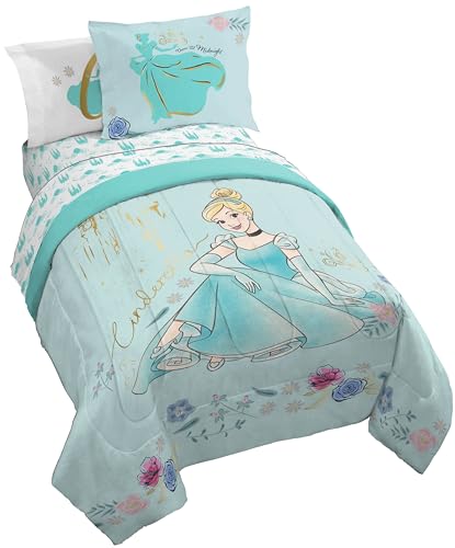 Image of Disney Princess Cinderella Twin Comforter Set 5 Piece Kids Bedding, Blue | Bed in a Bag, Comforter Sheets Sham Pillowcase, Official Product, Soft Microfiber, Machine Washable, Easy Care, Girls Gift