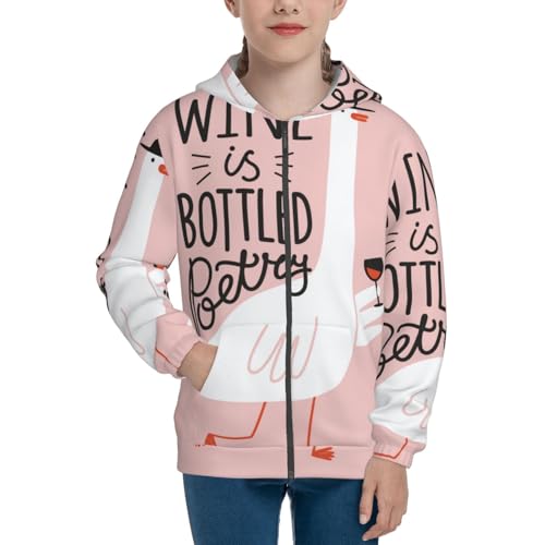 Goose Holding Wineglass with Red Wine Kid Hoodies Boys Zip Up Sweatshirts Girls Pullover with Pocket3