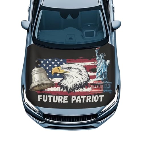 Image of USA Flag Wolf Car Hood Cover Elastic Car Hood Cover Banner Future Patriot Car Hood Dust Covers 4th of July Automobile Front Hood Cover Easy Installation