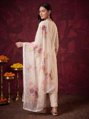 Image of INDO ERA Women's Lavender Silk Blend Embroidered Straight Kurta And Pant With Dupatta Set