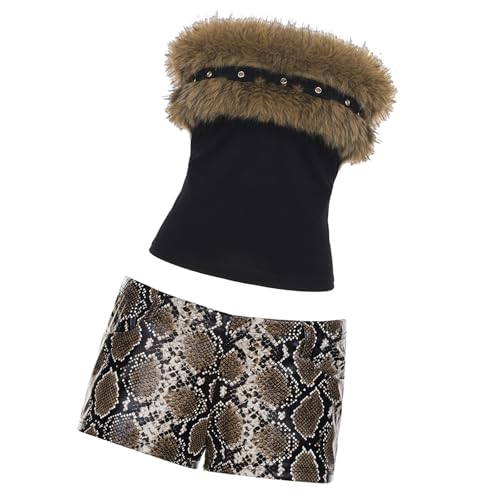 Ensemble de soirée chic haut œillets fourrure short léopard