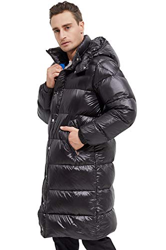 Orolay Men's Shiny Down Jacket Winter Long Down Coat Puffer Jacket with Hood Jet Black L