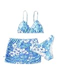 RoseSeek Girl's 3 Piece Floral Bikini Set Swimsuit Cute Bathing Suit with Ruched Drawstring Beach Skirt Cover Up Blue 14 Years