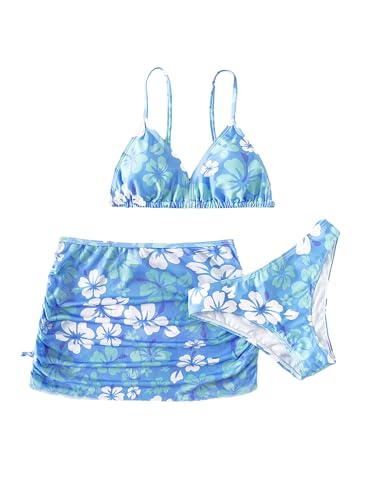 Girl's 3 Piece Floral Bikini Set Swimsuit Cute Bathing Suit with Ruched Drawstring Beach Skirt Cover Up