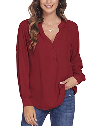 Beyove Blusa de gasa para mujer, elegante, cuello en V, manga larga, botones, informal, holgada, de manga larga, de un solo color, con mangas ajustables., borgoña, M Cover