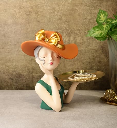 Image of ARMONIA Modern Decorative Sculpture with Detachable Gold Color Tray, Designed by European Designer, Orange Hat and Green Dress