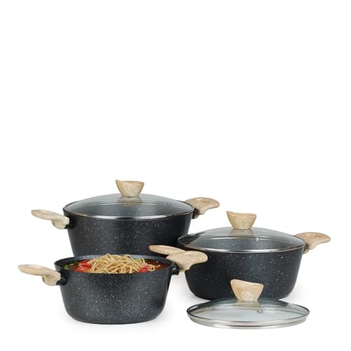 Image of Kreme Venetia Premium Series 6-Piece Granite Casseroles Cookware Set with Lid | Non-Stick Aluminium Cooking Pot | Granite Coating | Induction & Gas Stove Compatible | Healthy Low-Oil Cooking, Grey