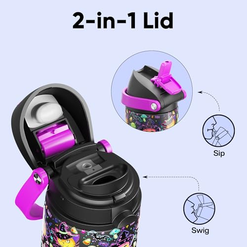 Image of Insulated Water Bottle with Straw - Encool Stainless Steel Water Bottle with Push Button Lid, Leak-Proof & BPA-Free, Keeps Cold for 24 Hours for Sports, Travel, Gym (24 oz, Meowgic Night)