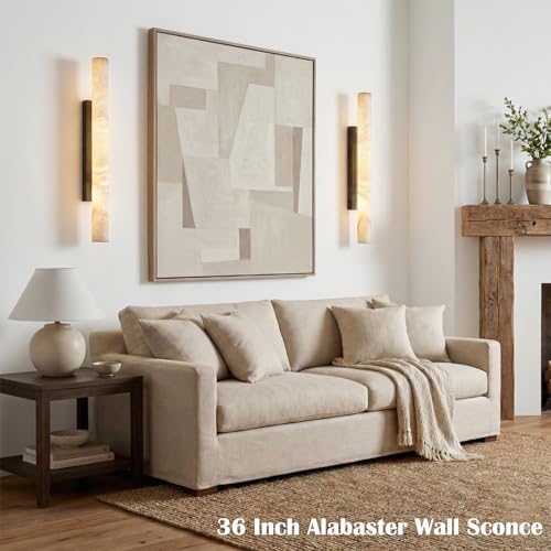 Image of Alabaster Wall Sconces, 36 inch Large Black Wall Sconce, Modern Sconces Wall Lighting, Spanish Natural Marble Wall Sconce Light for Living Room, Bedroom, Hallway, Stairs, 1PC