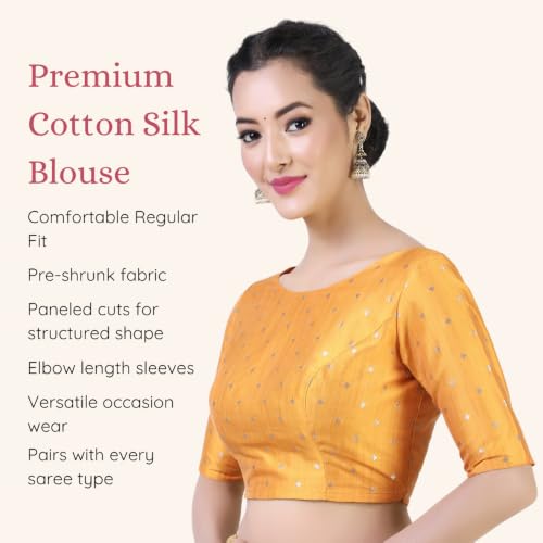 Image of Studio Shringaar Women Cotton Silk Silky Brocade Readymade Elbow Length Sleeves Saree Blouse Choli