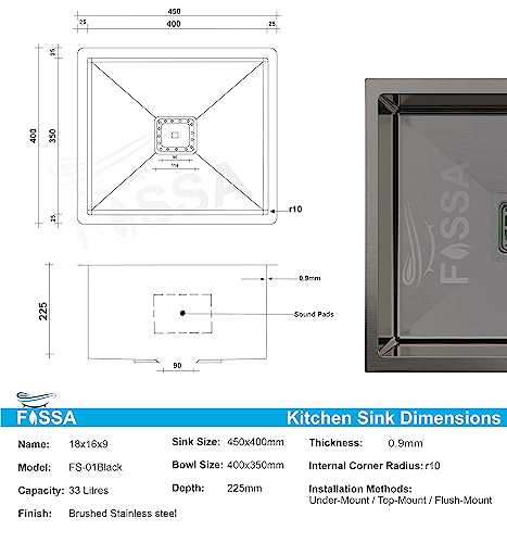 Image of Fossa 18 inchx16 inchx09 inch Inch ๐-๐๐๐๐ ๐๐๐๐๐๐๐๐ Single Bowl Premium Stainless Steel Handmade Kitchen Sink (Matte Finish) Black