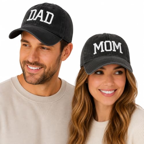 Image of Mom Dad Embroidered Baseball Caps Set of 2 Adjustable Couples Cotton Hats | Soft cotton matching caps with premium embroidery and adjustable fit, perfect for couples, parents, family photos and gifts.