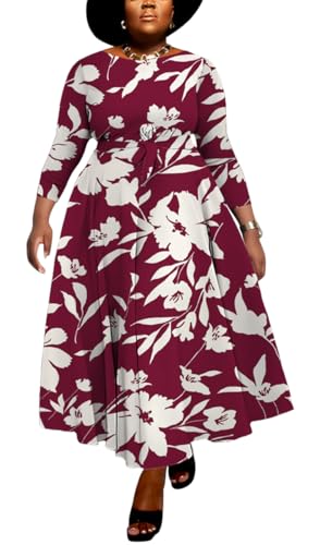 Image of BFFBABY Women's Wrap V Neck Plus Size Maxi Dresses 3 /4 Sleeves Chain Floral Printed Swing Dress with Belt