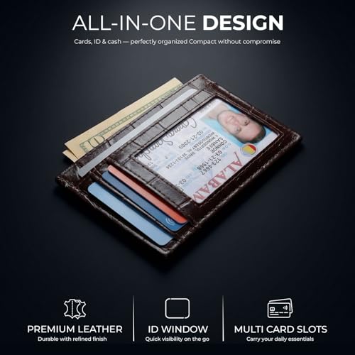 Image of Genuine Leather Slim Card Holder Wallet for Men - Premium and Stylish Card Holder with Capacity for 7-10 Cards and Currency Compartment - Stylish and Functional Leather Wallet (CHERRY)